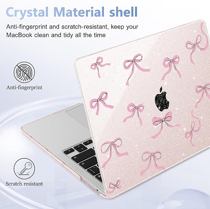 May Chen Case for MacBook Pro 13 inch M2 2023,2022,2021,2020 A2338 M1 A2251 A2289, Plastic Hard Shell Case for MacBook Pro 13" with Touch Bar Fits Touch ID, Sakura Pink Glitter Bow