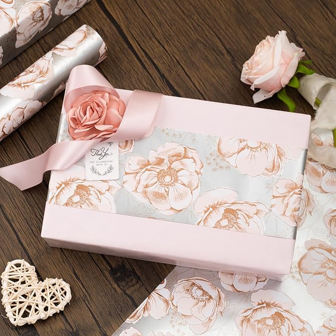 MAYPLUSS Floral Gift Wrapping Paper Roll - 17Inch x 33Feet - Luxury Elegant Shabby Chic Rose Pattern Girl Gift Wrap Present Sheet for Wedding, Bridal Shower, Birthday, Engagement and Mother's Day