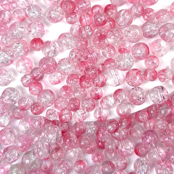 300pcs Crackle Glass Beads, 6mm and 8mm Pink Crystal Glass Beads Round Loose Spacer Bulk Beads for DIY Craft Earring Necklace Bracelet Jewelry