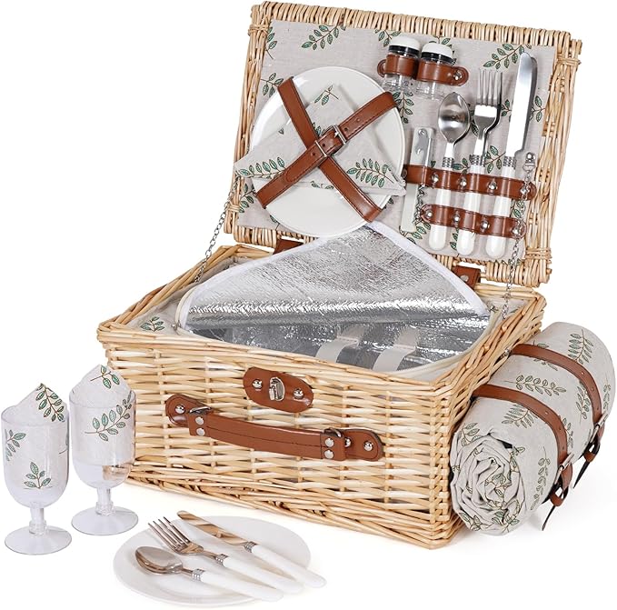 HappyPicnic Picnic Basket Set for 2 - Wicker Picnic Basket with Waterproof Blanket & Insulated Liner, Large Handmade Willow Hamper with Cutlery Kit for Outdoor, Picnic, Camping, Party, Holidays (Leaf)