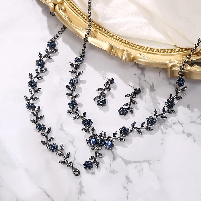 BriLove Women's Wedding Jewelry Leaf Cluster Flower Crystal Dangle Earrings Pendant Necklace Set for Bridal