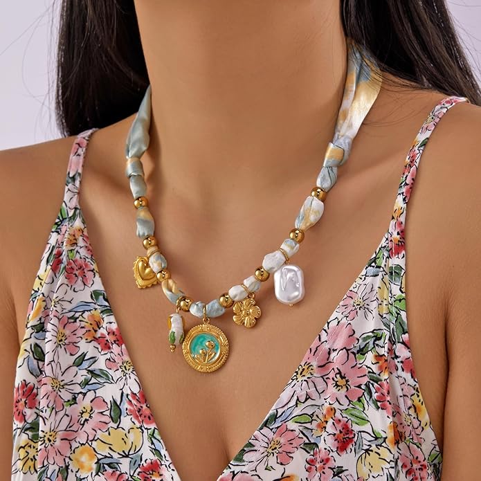 RINHOO FRIENDSHIP Silk Scarf Necklace for Women - Adjustable Boho Vintage Bandana Choker with 18K Non-Tarnish Gold Charms (Assorted Pendants & Patterns) Layered Jewelry Gift Box
