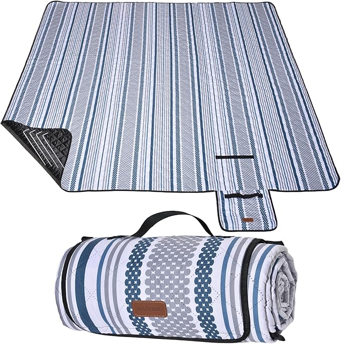 Oversized Waterproof Picnic Mat, Dustproof Washable Outdoor Beach Mat. Suitable for Camping, Outdoor, Beach, Party and Concert (Dark Blue & Gray, 80" x 60")