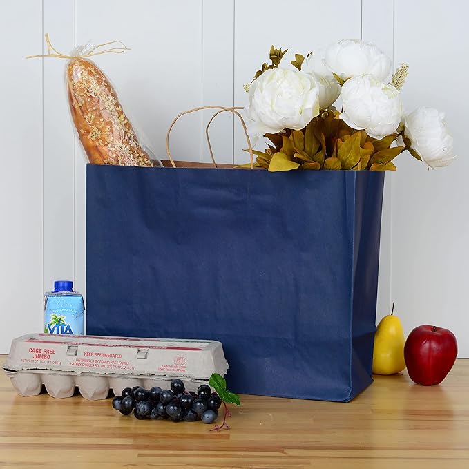 Prime Line Packaging Paper Gift Bags, Navy Blue Kraft Paper Bags with Handles, Shopping Bags for Small Business, Retail Use, Birthday Parties, Restaurants, Take-Out, Merchandise, Bulk, 16x6x12, 100 Pack