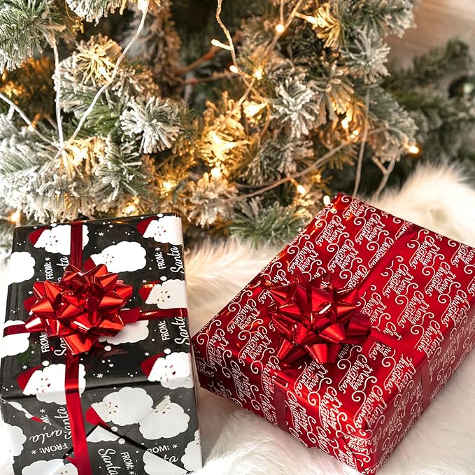WRAPAHOLIC 30 Inch Jumbo Reversible Vintage Christmas Wrapping Paper - 30 Inch x 100 Feet Jumbo Roll Black Jolly Santa Wrapping Paper and Red Merry Christmas Design with Metallic Foil Shine for Holiday, Party