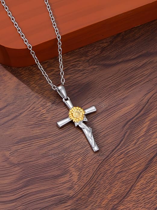 Flower Necklace Sunflower/Violet/Daffodil Necklace Sterling Silver Flower Cross Pendant Jewelry Gifts for Women