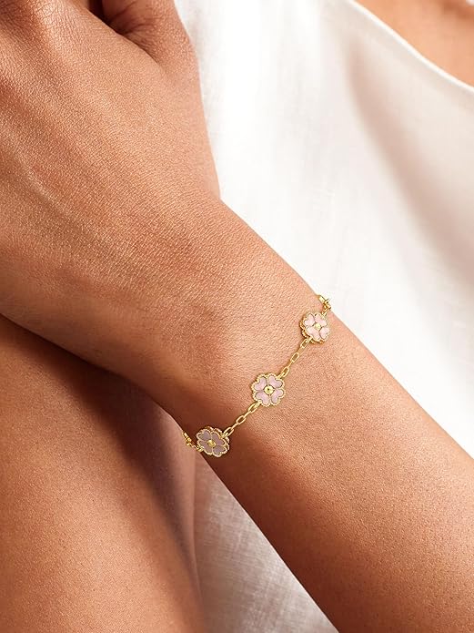 14K Gold Plated Clover Bracelets for Women Flower Four Leaf Link Bracelets Trendy Jewelry Gifts for Women