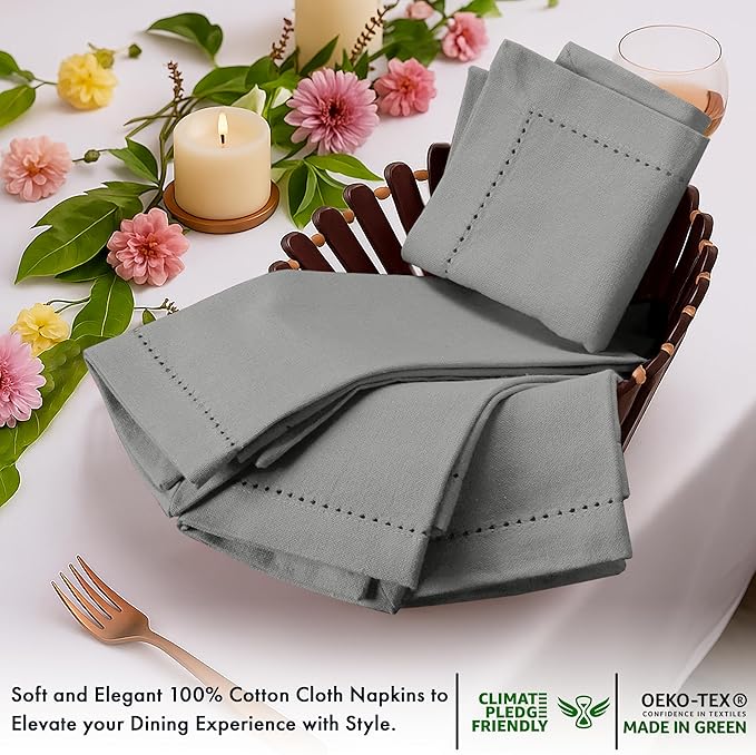 Ruvanti Cloth Napkins - 100% Cotton Dinner Napkins, Hem Stitched Corners, 18x18 Inch, 12 Pack - Soft, Absorbent, Durable, Reusable, Wrinkle Resistant for Formal Dining & Everyday Use - Wild Dove