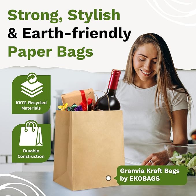 2.500 PACK | EKOBAGS Granvia |10x7x12 inches | Kraft Paper Gift Bags with Handles | 115 GSM Brown Paper Bags for Small Business, Shopping & Party Favors | Recyclable | Holds up to 13.8L/8 lbs