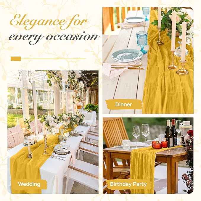Cheesecloth Table Runner 6 Pack – 35x120 Inch (10ft) Boho Rustic Gauze Cloth Runners – Crinkle Polyester Table Decor for Wedding, Baby Shower, Bridal Shower, Birthday Party and More (Gold Yellow)