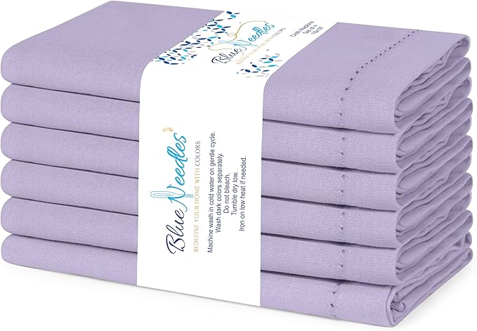 Blue Needles Set of 6 Hemstitch Linen Napkins 100% Cotton Lavender Cloth Dinner Napkins 18x18 inches, Soft, Reusable, Absorbent, Washable, Ideal for Fall Thanksgiving Events, Parties & Everyday Use