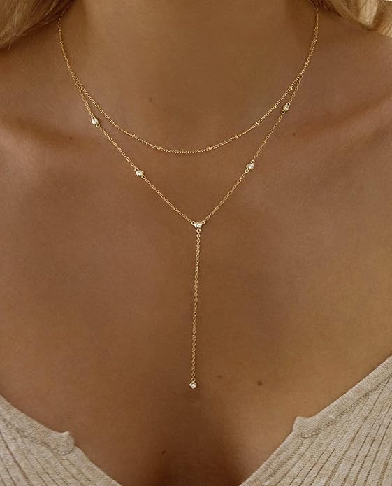 Gold Necklace for Women, Dainty Gold Long Necklaces 14k Gold Plated Prom Lariat Necklace Cute Choker Necklaces for Women Trendy Stuff Fashion Costume Gold Accessories Christmas Jewelry Gifts