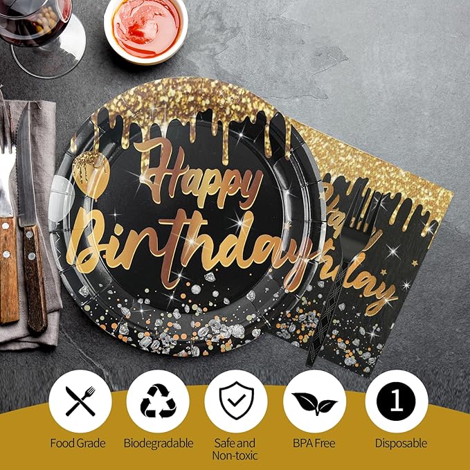 75PCS Happy Birthday Plates and Napkins, 7 Inch Black and Gold Paper Cake Plates Disposable Party Supplies Party's Tableware for Birthday Party Decorations