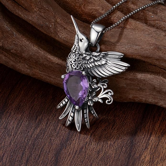 RMREWY Genuine Amethyst Hummingbird Pendant Necklace,925 Sterling Silver Native American Vintage Boho Western Pendant Real Gemstone Jewelry Birthdays Gift for Women Bird Lover