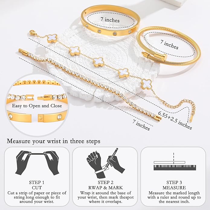 18K Gold Plated Bangle Bracelets Stack for Women,Four Leaf Clover Stackable Bracelets Non Tarnish,4 Pcs Jewelry sets Gifts