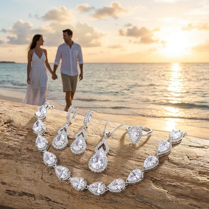 Classic Jewelry Set—Perfect for Weddings, Galas, and Everyday Wear—Includes Bracelet, Ring, Pendant Earrings, and Necklace ，Birthday Gift for Mother/Wife/Sister/Best Friend