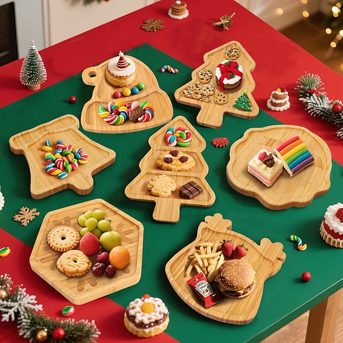 Christmas Serving Tray, Christmas Tree Charcuterie Board, Bamboo Divided Serving Platter Dish for Holiday Party Food Tray for Cheese Snack Fruit 12 x 8.7 x 0.6 Inches