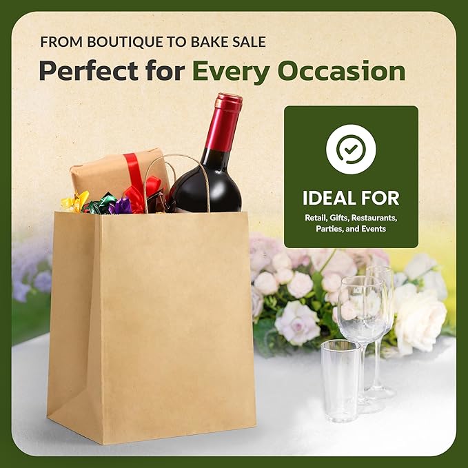 EKOBAGS Granvia | 10x7x12 inches | 100-Pack Kraft Paper Gift Bags with Handles | 115 GSM Brown Paper Bags for Small Business, Shopping & Party Favors | Recyclable | Holds up to 13.8L/8 lbs
