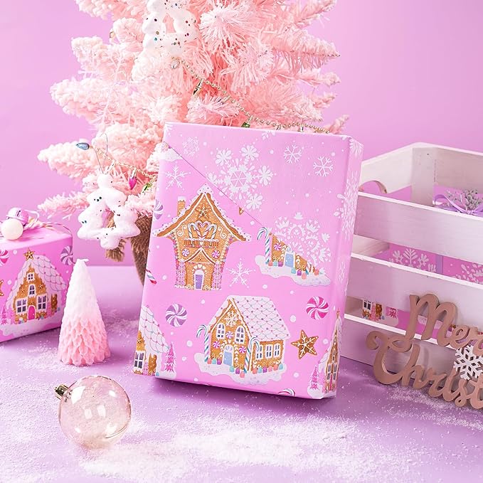 WRAPAHOLIC 30 Inch Jumbo Reversible Gingerbread Christmas Wrapping Paper - 30 Inch x 100 Feet Jumbo Roll Pink Gingerbread House and Snowflake with Embossed for Christmas, Holiday, Party Celebration