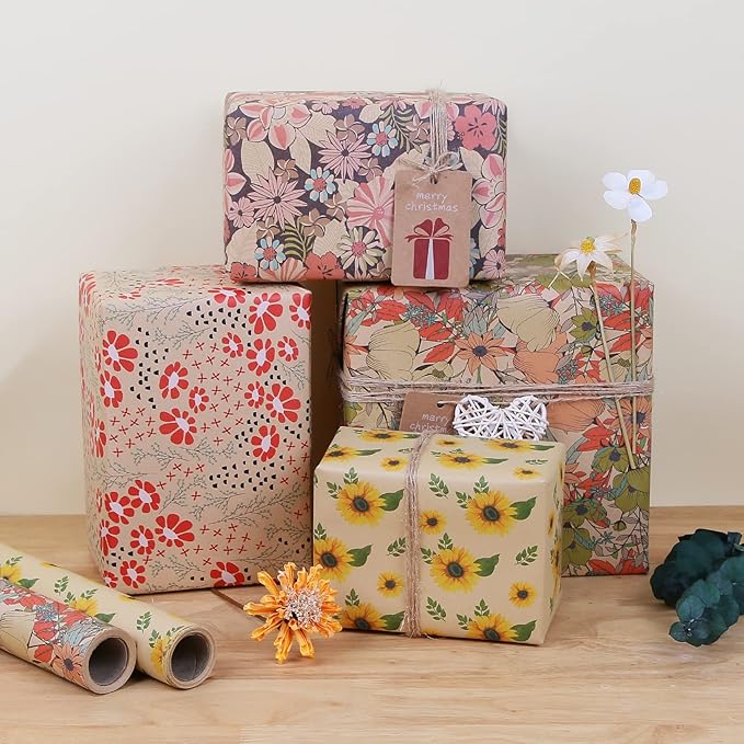 Aimyoo Kraft Floral Wrapping Paper Bundle, Vintage Sunflower Flower Gift Wrap Paper for Wedding Bridal Shower Birthday Rolls of 4, 17 in x 12 ft per Roll