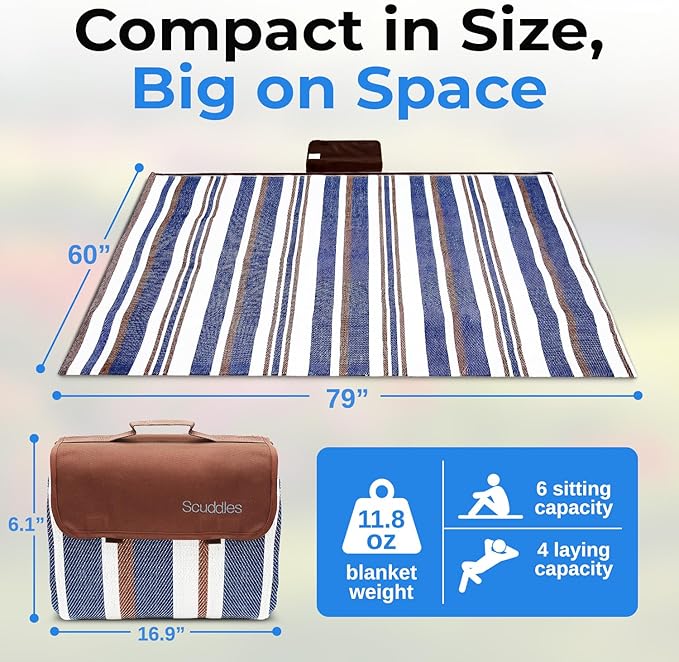 scuddles Extra Large Navy Blue Picnic Blanket Waterproof 3 Layer Polyester Foam and PEVA Mat Foldable Beach Rug with Carry Handle Easy Clean Outdoor Camping Mat for Garden Lawn Park and Travel