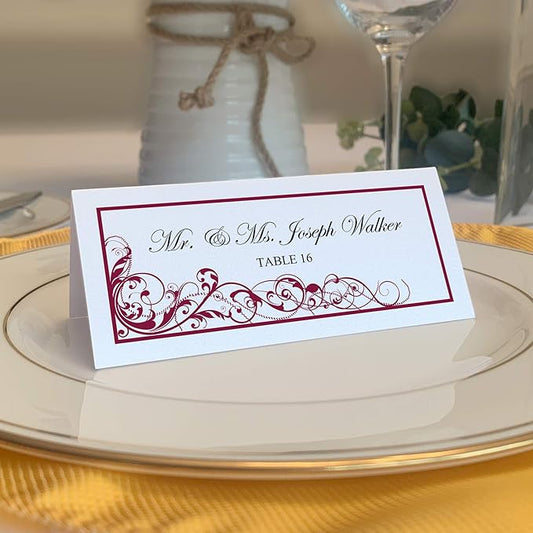 Scribble Vintage Swirl Place Cards, Burgundy (Choose Color), Set of 150, Pre-cut and Scored - Wedding, Party, Dinner, and Special Events - Made in the USA