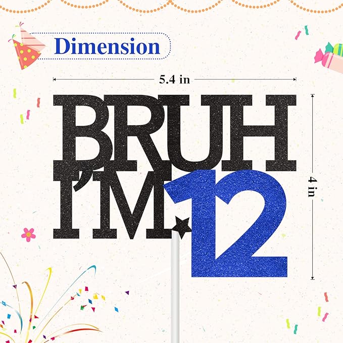 Bruh I'm 12 Cake Topper, Happy 12th Birthday Decorations for Boy, Funny 12th Birthday Cake Topper Birthday Party Decoration Supplies