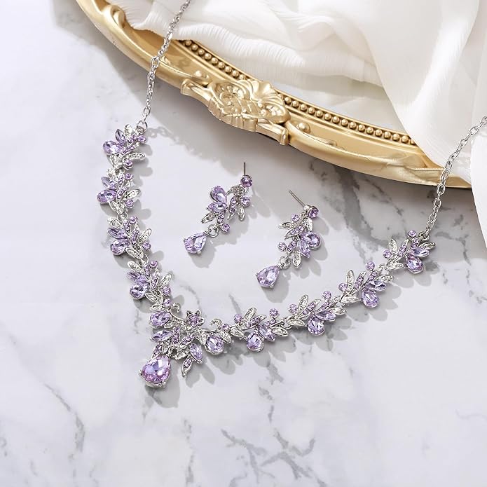 BriLove Women's Wedding Jewelery Set Leaf Flower Crystal Teardrop Marquise Cluster Pendant Necklace Dangle Earrings for Bridal Party
