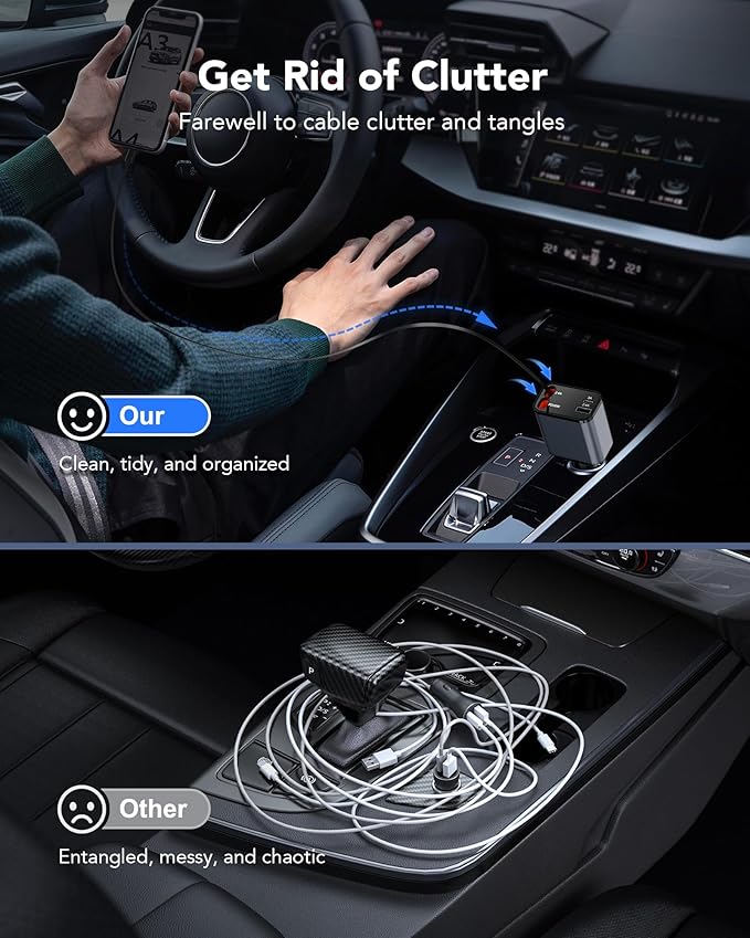 69W Retractable Car Charger, 4-in-1 Fast Car Phone Charger with 2.6ft Two Retractable Cables and USB C+USB A Car Charging Block Cube, Compatible with iPhone 16 15 14 13 12 Pro Max Plus,Galaxy,Pixel