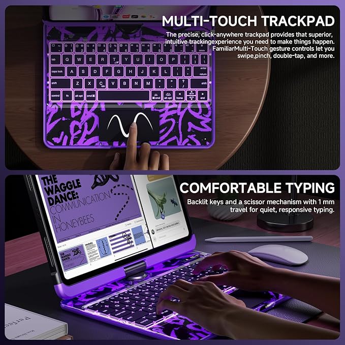 Transparent Case with Keyboard iPad Air (M3/M2,2025/2024) 11 Inch,Compatible 10.9" iPad Air 5th/4th & 11" iPad Pro 4/3/2/1,7-Color Backlit,Wireless Keyboard, 360°Rotating,with trackpad,Purple