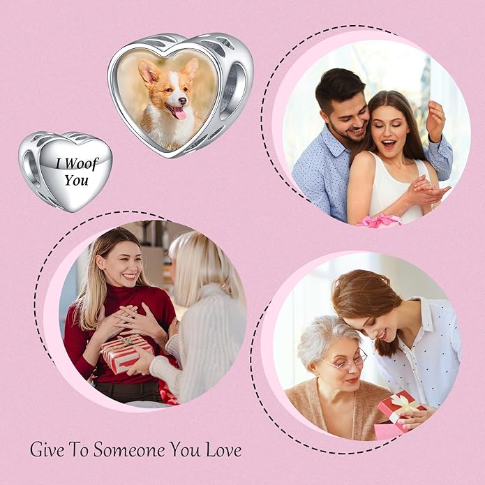 Annmors Personalized Photo Charms For Bracelets/Necklace 925 Sterling Silver Love Heart Shaped Engraved Customize Picture Gift for Birthday Mother's Day,Bead Charms Jewelry for Women