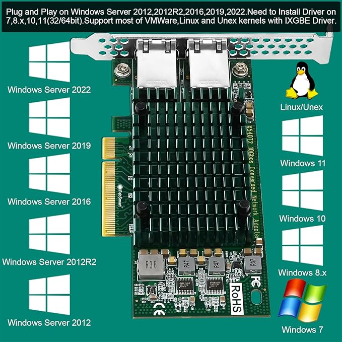 PCIE X8 Interface to 2X 10Gbps RJ45 Ports Network Adapter, Intel X540-AT2 Ethernet Controller, 2X 10GbE RJ45 Interface PCIE NIC Card, PCI Express 10GbE Converged Network Adapter (X540T2)