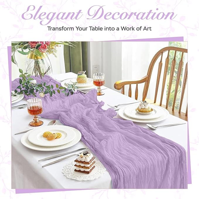 Cheesecloth Table Runner 3 Pack – 35x120 Inch (10ft) Boho Rustic Gauze Cloth Runners – Crinkle Polyester Table Decor for Wedding, Baby Shower, Bridal Shower, Birthday Party and More (Lilac Purple)