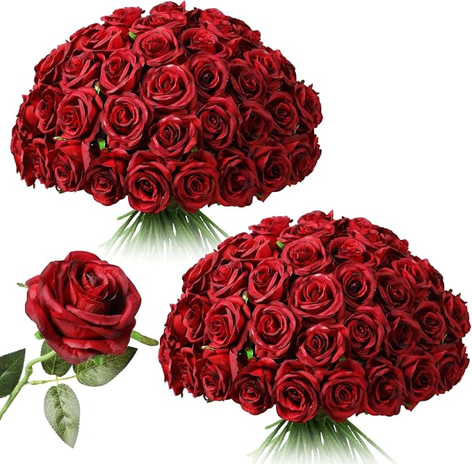 Tifuly 50 Pcs Red Roses Artificial Flowers Bulk,Realistic Long Stem Fake Silk Roses Bouquet for Wedding Centerpiece Table Vases Party Home Kitchen Decor（Burgundy）