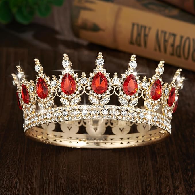 Queen Crown Rhinestone Wedding Crowns and Tiaras for Women Costume Party Hair Accessories Princess Birthday Crown Crystal Bridal Crown (Gold & Red Crown)