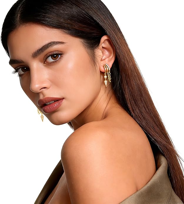 Gold Clip On Earrings for Women Sparkly Tassel Chain Drop Clip-On Earrings 18k Gold Plated Statement Non-Pierced Jewelry Gifts