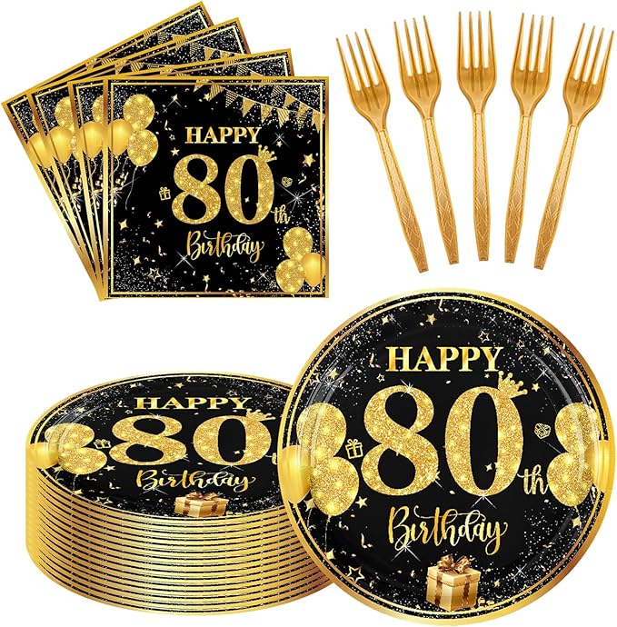 80th 7 inch Birthday Party Paper Plates and Napkins Forks 60 pcs Black Gold Birthday Decorations for Boys Girls Tableware Set for Anniversary Party Supplies,Serve 20