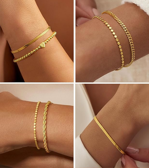 doubgood Valentines Day Gifts for Her - Gold Bracelets for Women Waterproof Stackable Heart Initial Link Charm Bracelets Set A-Z Letter 14K Gold Plated Adjustable Chain Stack Jewelry Gifts for Women