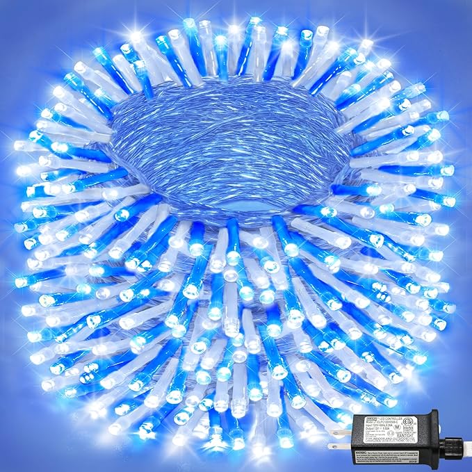 String Lights for Bedroom, 165FT 500 LED Christmas Lights Outdoor Indoor Waterproof 8 Modes, Plug in Fairy Twinkle Lights for Xmas Garden Tree House Decorations, Blue White
