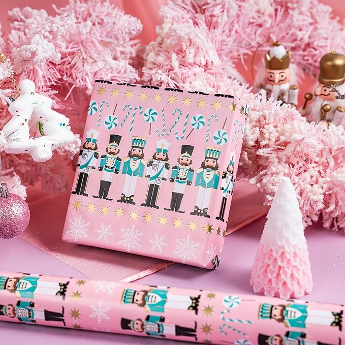 RUSPEPA Reversible Christmas Wrapping Paper Roll, Mini Roll, Pink Nutcracker Soldier and Diamond Pattern Gift Wrap for Kids, Girls, Family, Xmas Holiday Gifts, 17.5 Inches X 32.8 Feet