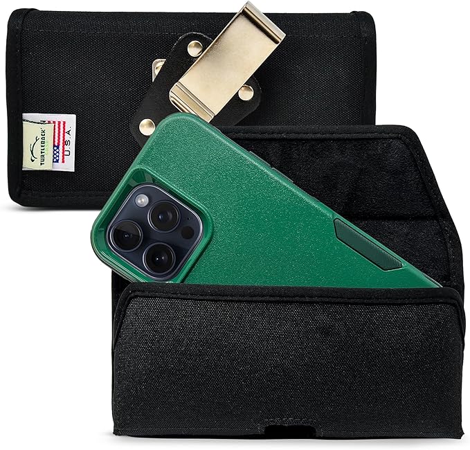 Turtleback Belt Clip for iPhone 16 Pro Max, 15 Pro Max, 14 Pro Max -Medium- Fits w/Shockproof Commuter Style Cases, Premium Black Nylon, Horizontal Belt Holder Magnetic Closure HD Rotating Clip
