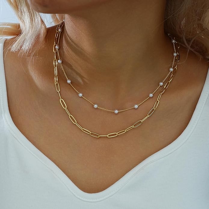 YEEZII Layered Gold Necklaces for Women Trendy, 3 Pcs 14K Gold Plated Choker Paperclip Box Chain Necklace, Stackable Women's Gold Pendant Necklaces Jewelry Set
