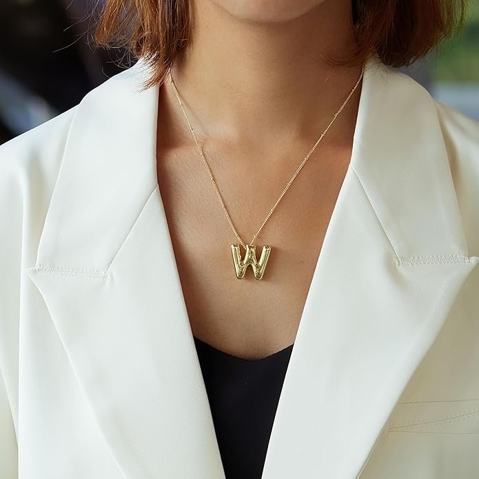 Inerney Valentines Day Gifts Gold Bubble Letter Necklace Initial Necklaces for Women, Chunky 14K Plated Balloon Initials, Trendy Charm Non Tarnish Custom Name Pendant Jewelry Gifts for Mom