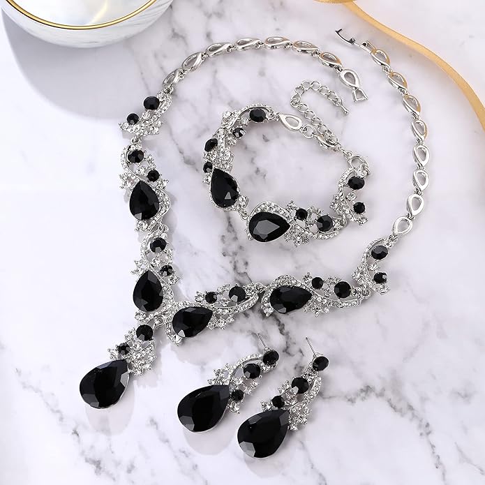 BriLove Wedding Bridal Jewelry for Women Multi Teardrop Cluster Crystal Statement Necklace Dangle Earrings Link Bracelet Set