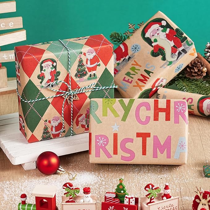 RUSPEPA Christmas Wrapping Paper Roll Set, Mini Rolls, Vintage Santa, Merry Christmas Text and Holiday Scenes Design Gift Wrap for Kids, Adults and Holiday, 3 Rolls, 17 inches x 10 feet per Roll