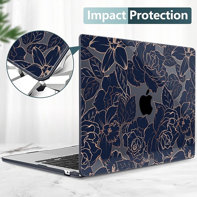 TWOLSKOO for M4 MacBook Air 13.6 inch Case 2025-2022 Release M4 A3240 M3 A3113 M2 A2681, Plastic Hard Shell & Screen Protector & Keyboard Cover & Trackpad Film, Elegant Roses