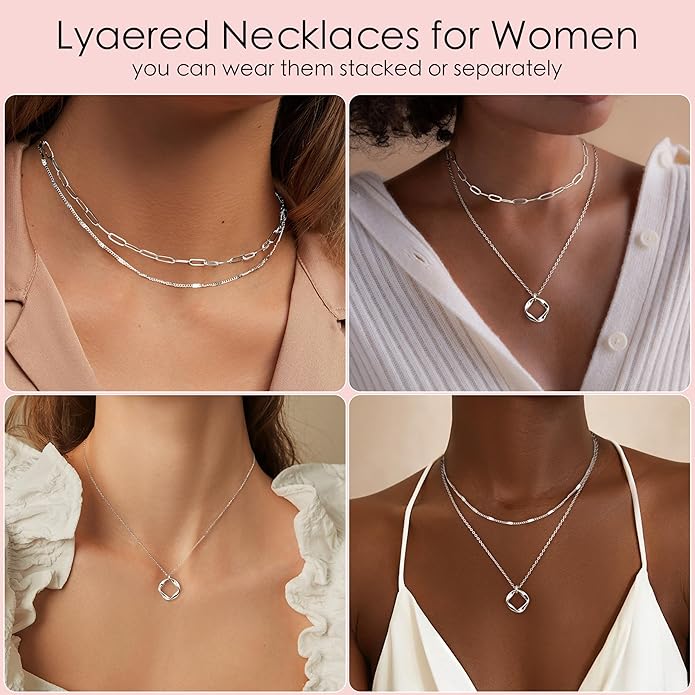 Layered Gold Necklaces for Women, Stackable Dainty 14K Gold Silver Plated Trendy Simple Heart Diamond Cross Bow Circle Pendant Paperclip Choker Dot Chain Necklace,Jewelry Set Gifts for Women