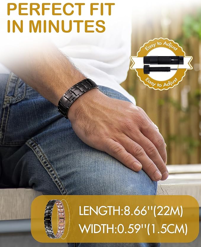 Feraco Men's Copper Magnetic Bracelet Elegant 99.99% Solid Copper Bracelets with Double-Row Strong Magnets, Magnetic Field Therapy Jewelry (Black)