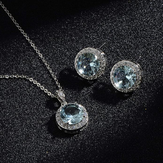Bridal Crystal Jewelry Set - Sterling Silver Round Cubic Zirconia CZ Rhinestone Halo Birthstone Pendant Necklace Stud Earrings Set for Wedding Bride Bridesmaids Birthday Gift