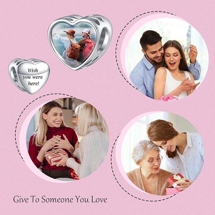 Annmors Personalized Photo Charms For Bracelets/Necklace 925 Sterling Silver Love Heart Shaped Engraved Customize Picture Gift for Birthday Mother's Day,Bead Charms Jewelry for Women